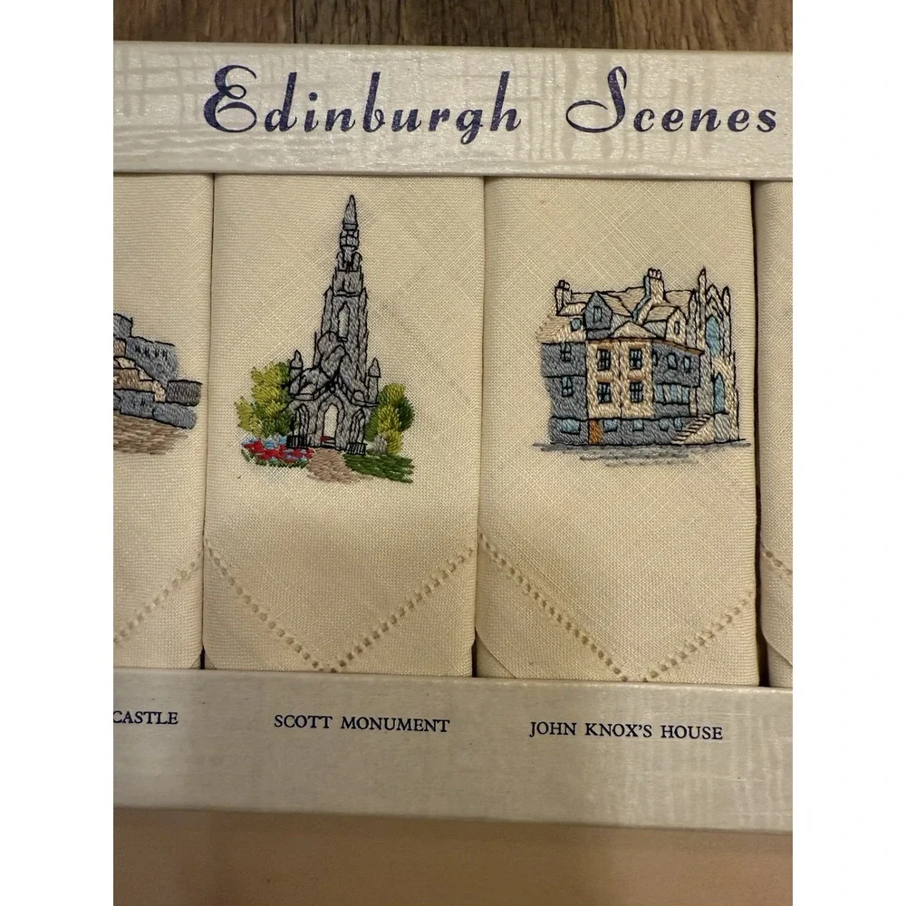 Vintage Set of 4 Edinburgh Souvenir Tea Towel ‎ 100% Linen NIB